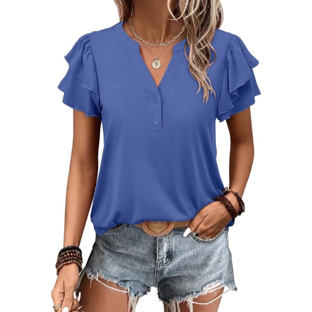 NEW Anrabess Women's Ruffle Sleeve V Neck Button Detail Soft Flowy Casual Blouse